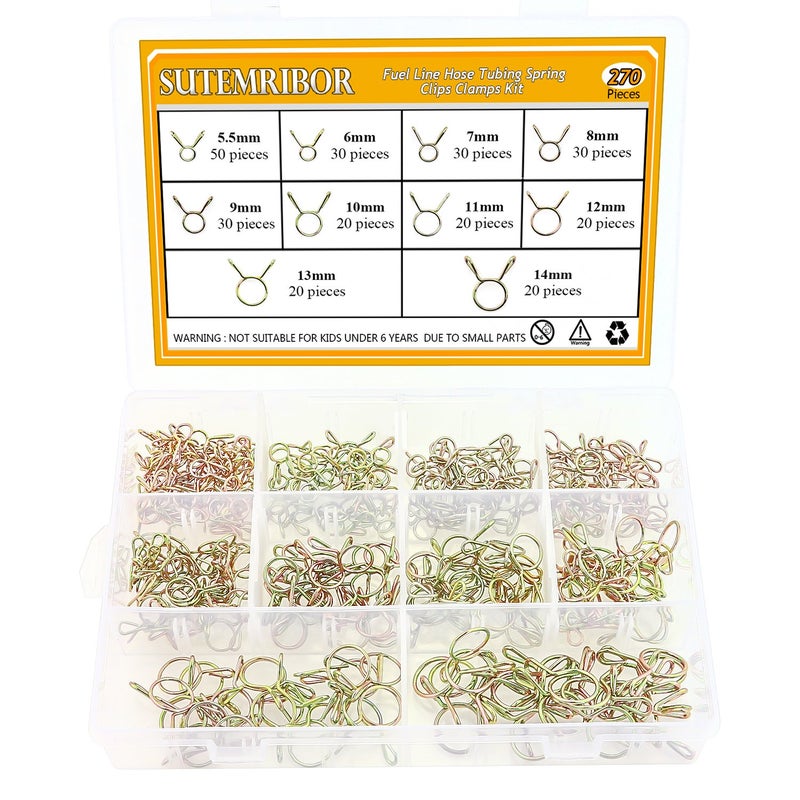 Sutemribor 270 Pieces 10 Sizes Fuel Line Hose Tubing Spring Clips Clamps Assortment Kit for Motorcycle Scooter ATV, 5.5-14mm Bronze Tone - Image 1